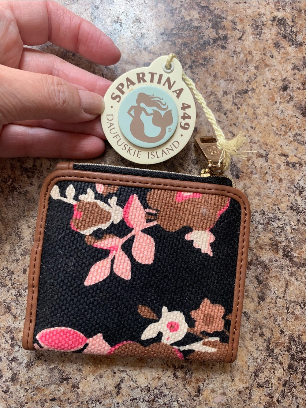 Spartina 449 Black Floral Zip Card Holder with Brown Trim